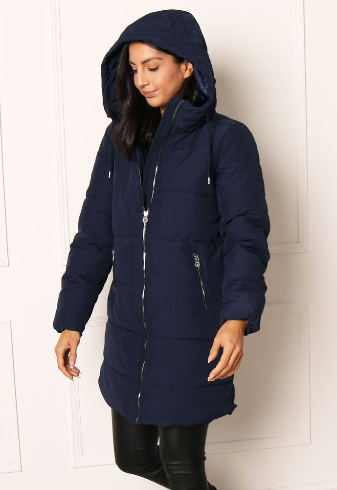 ONLY Dolly Hooded Quilted Padded Midi Puffer Coat in Navy Blue - vietnamzoom