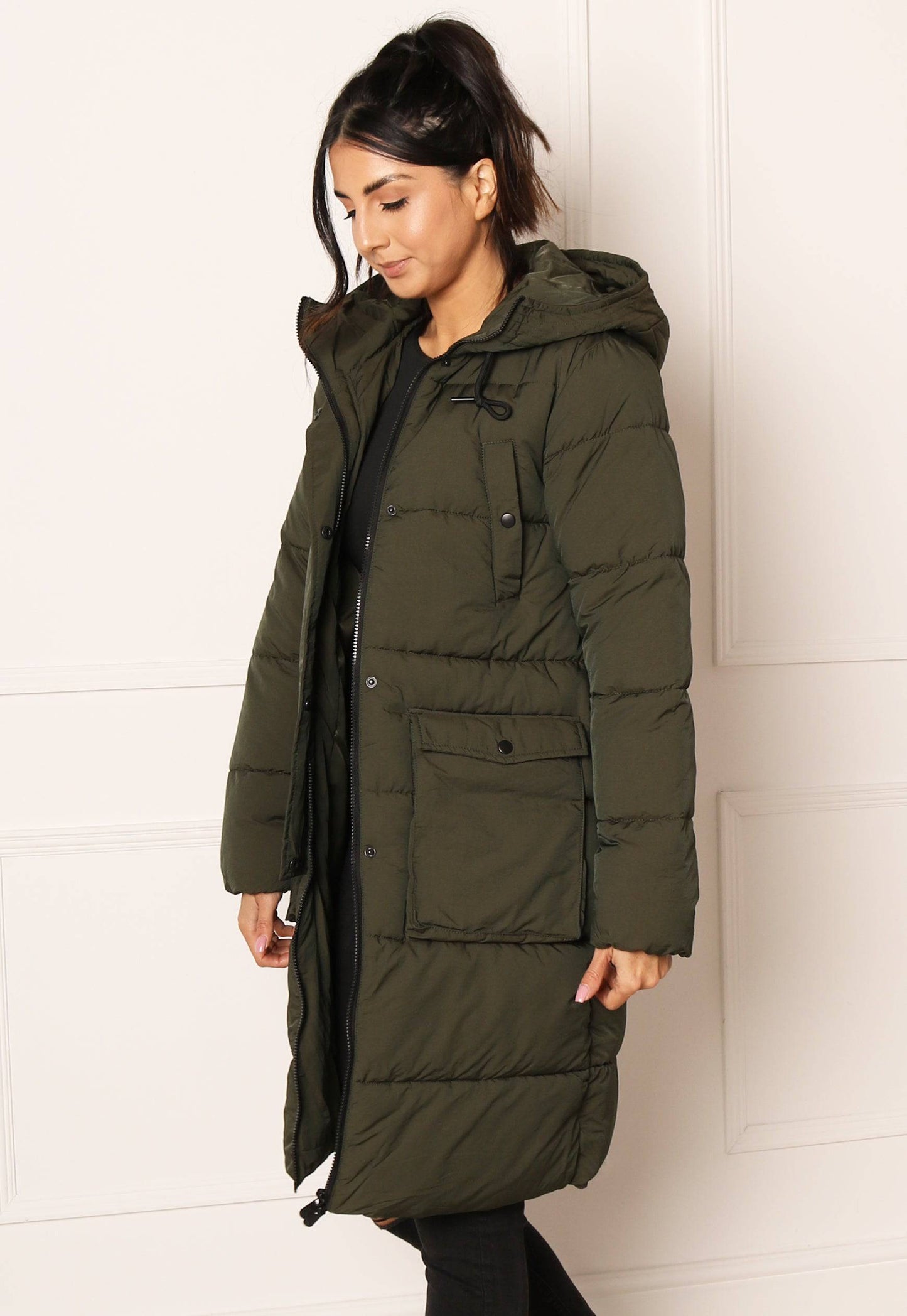 JDY Dove Quilted Longline Hooded Puffer Coat in Khaki - concretebartops