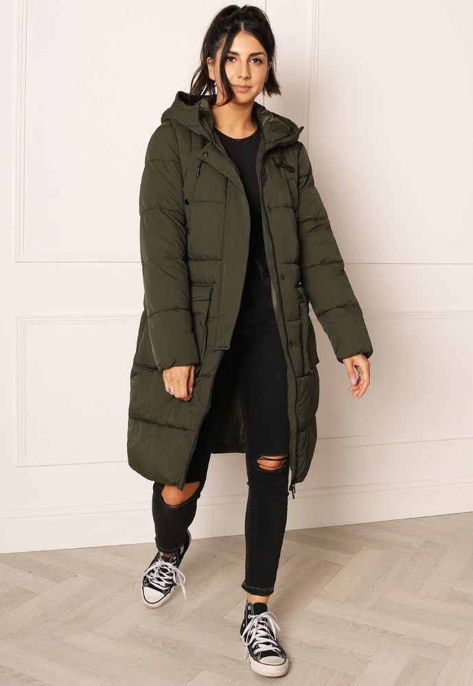 JDY Dove Quilted Longline Hooded Puffer Coat in Khaki - concretebartops