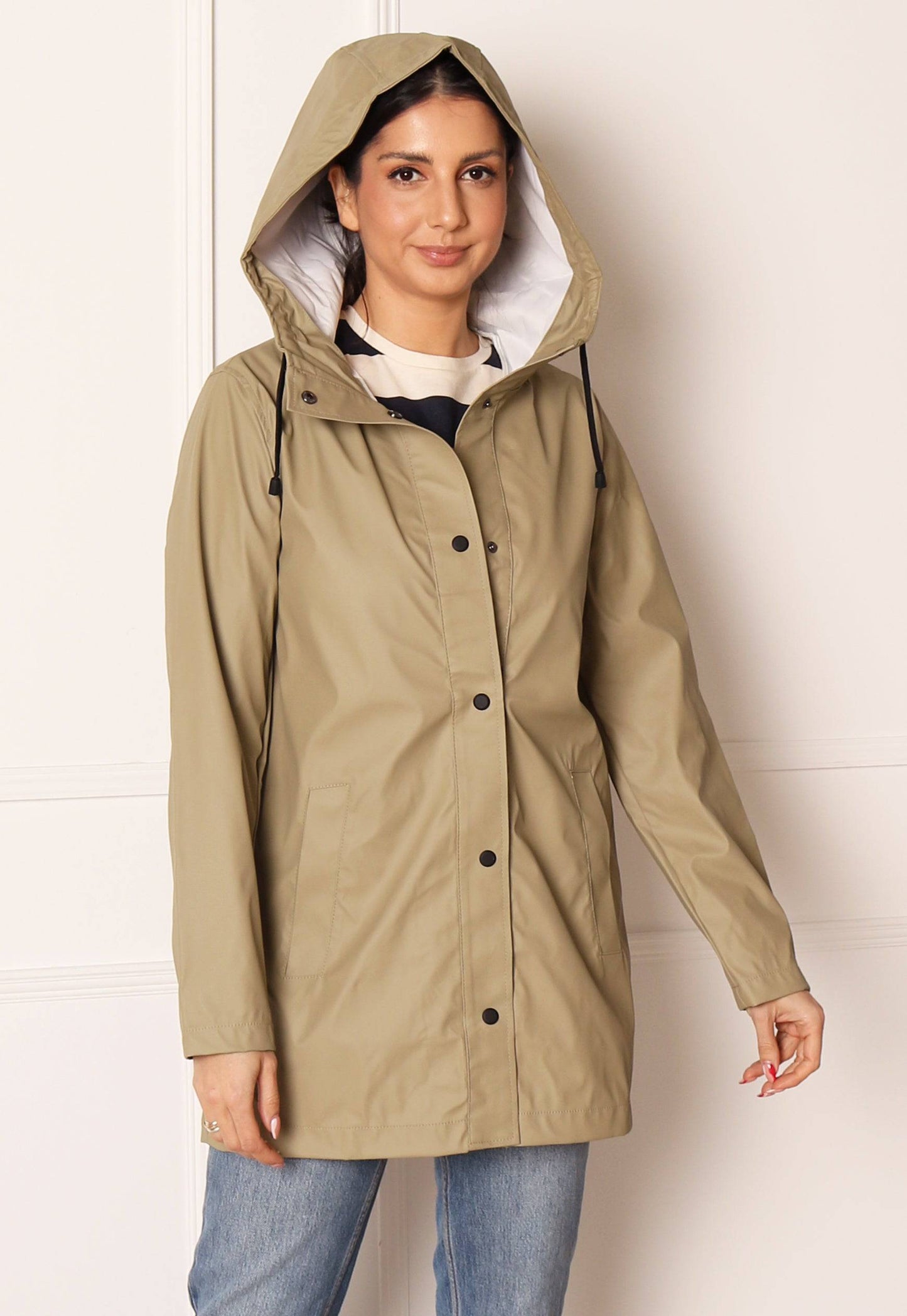 ONLY Ellen Rubberised Matte Hooded Raincoat Mac in Light Khaki - concretebartops