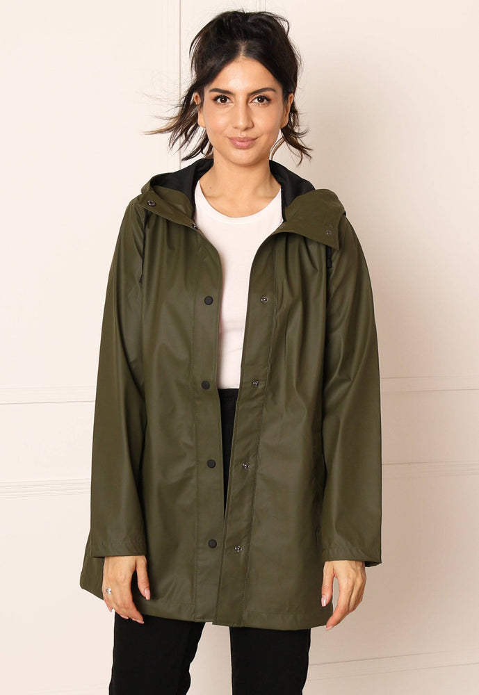 ONLY Ellen Rubberised Matte Hooded Raincoat Mac in Khaki Green - vietnamzoom