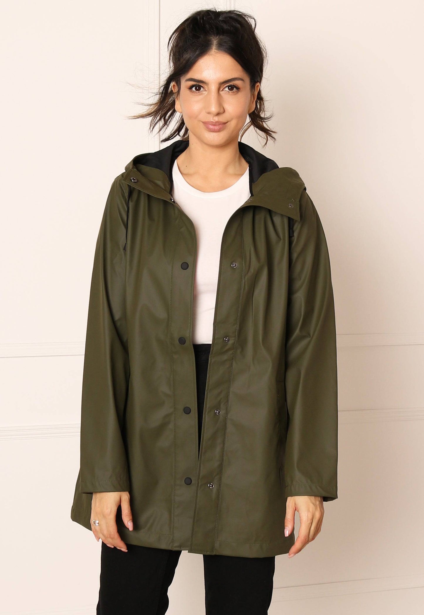 ONLY Ellen Rubberised Matte Hooded Raincoat Mac in Khaki Green - concretebartops