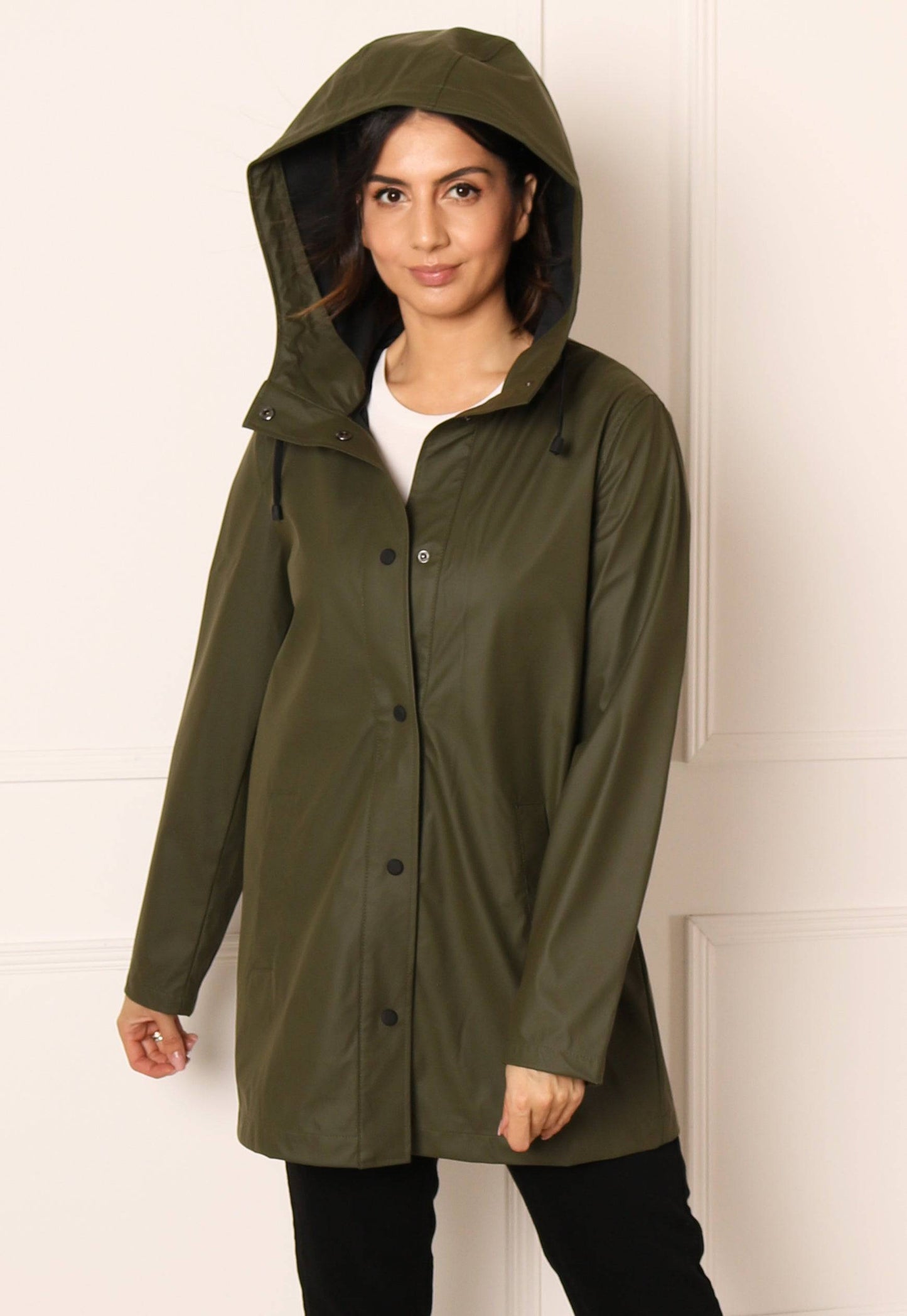 ONLY Ellen Rubberised Matte Hooded Raincoat Mac in Khaki Green - concretebartops