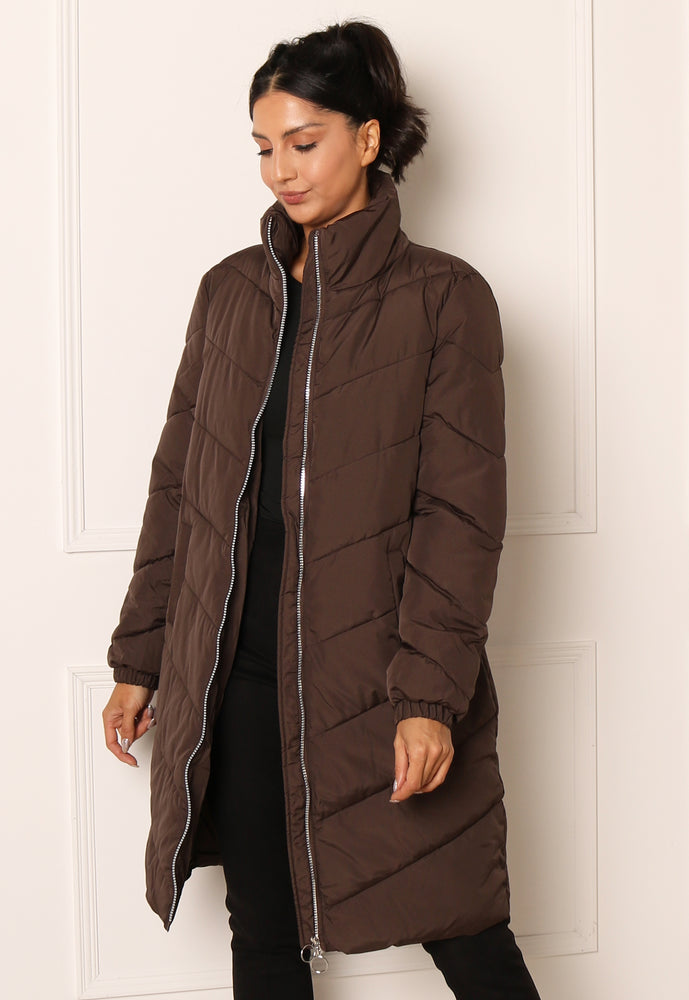 JDY Finno Longline Padded Puffer Coat in Brown - concretebartops