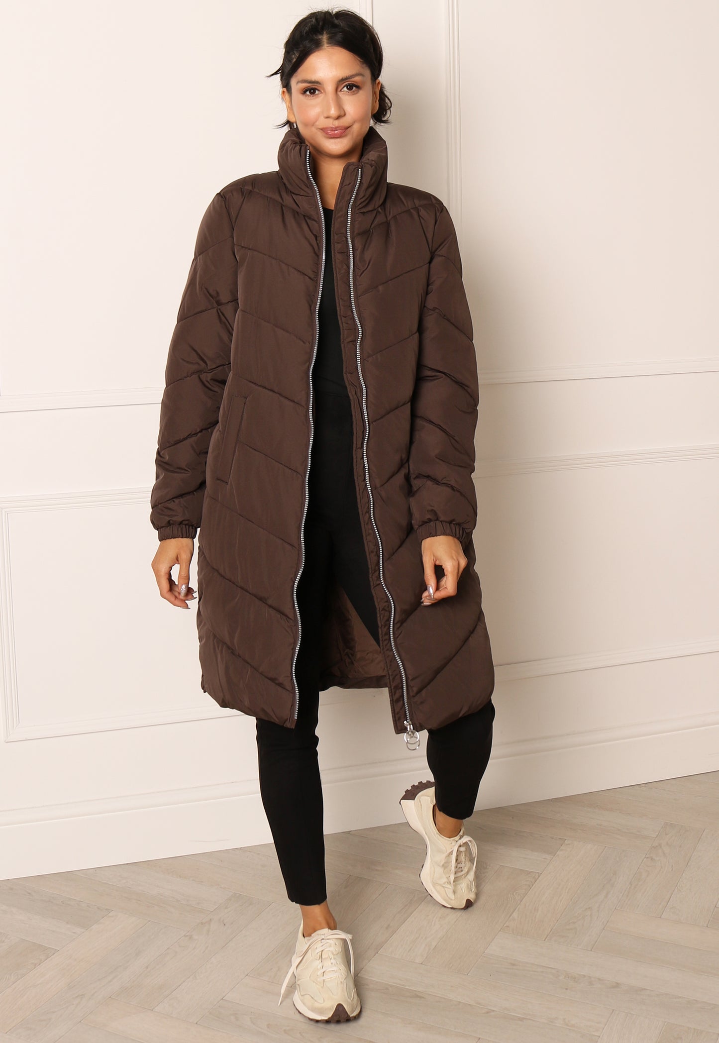 JDY Finno Longline Padded Puffer Coat in Brown - concretebartops