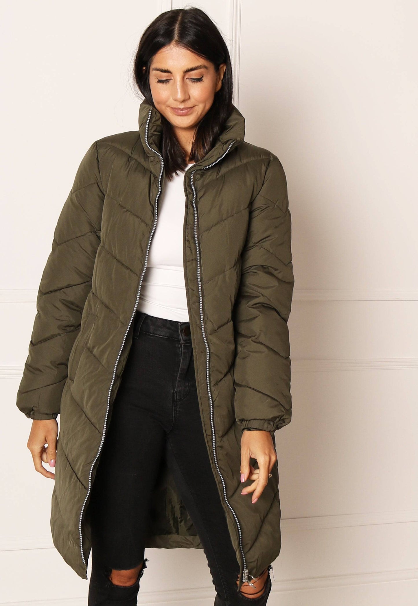 JDY Finno Longline Padded Puffer Coat in Khaki Green - concretebartops