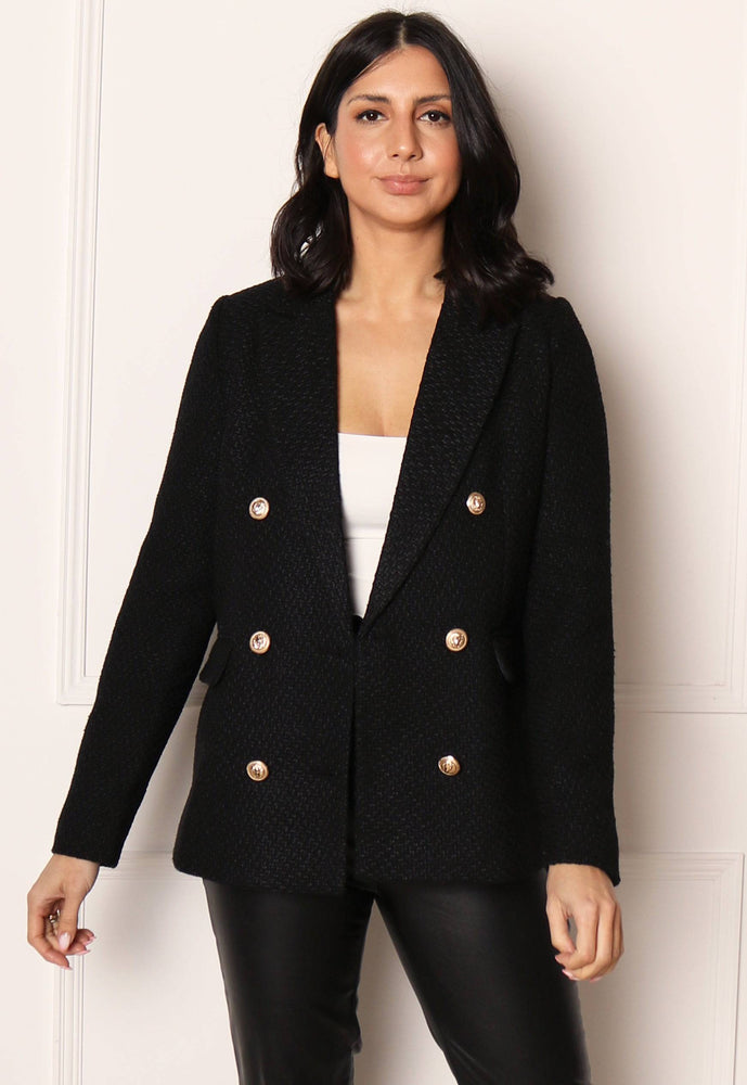 VERO MODA Brooke Boucle Double Breasted Gold Button Blazer in Black - concretebartops