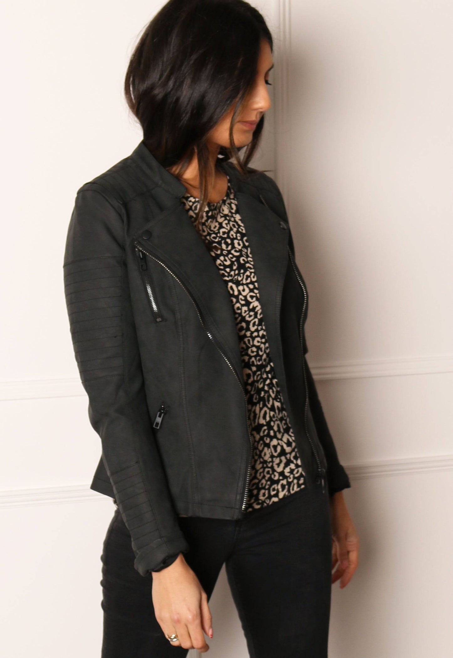 ONLY Lava Classic Faux Leather Biker Jacket in Distressed Black - concretebartops
