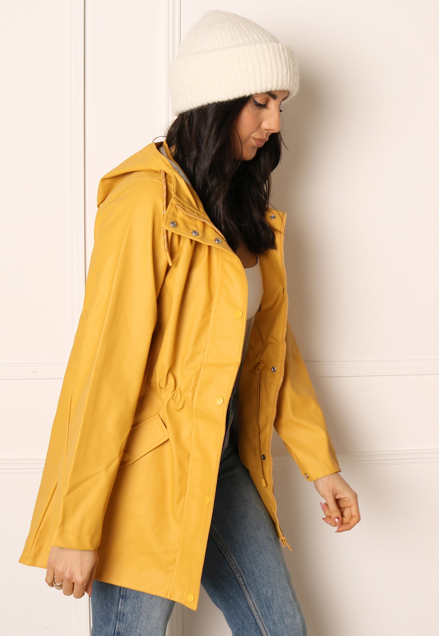 VERO MODA Lou Rubberised Matte Hooded Raincoat Mac in Mustard Yellow - concretebartops