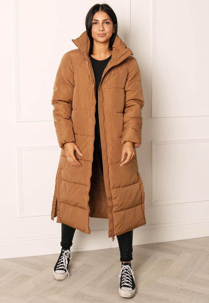 VILA Nilly Longline Midi Padded Puffer Coat with Funnel Neck in Tan - concretebartops