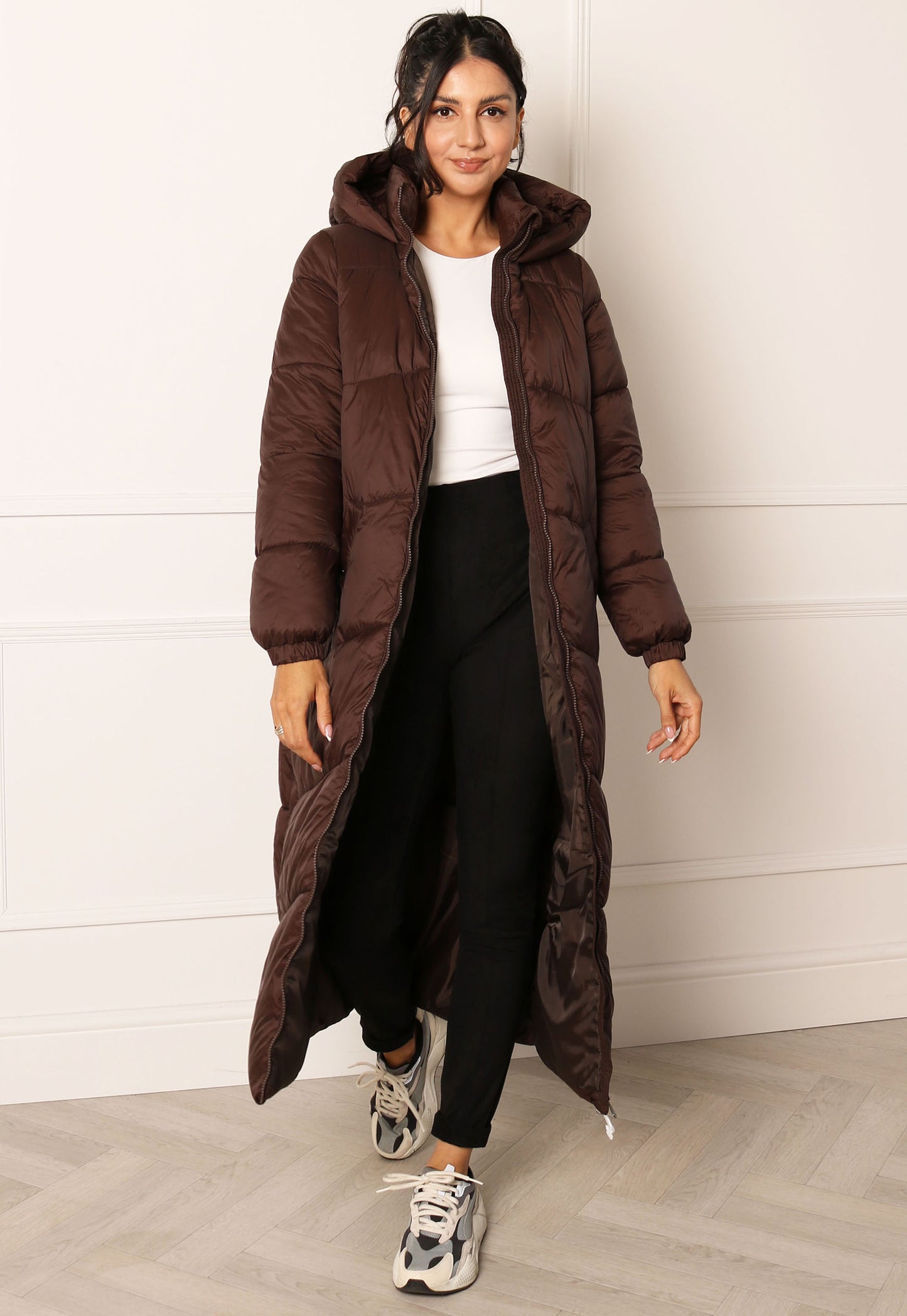 VERO MODA Sala Midi Chevron Longline Hooded Puffer Coat in Chocolate Brown - concretebartops