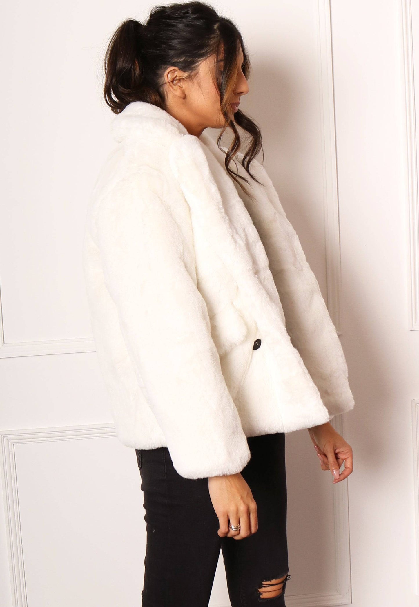 Short Double Breasted Premium Faux Fur Coat with Collar in Soft Cream - concretebartops