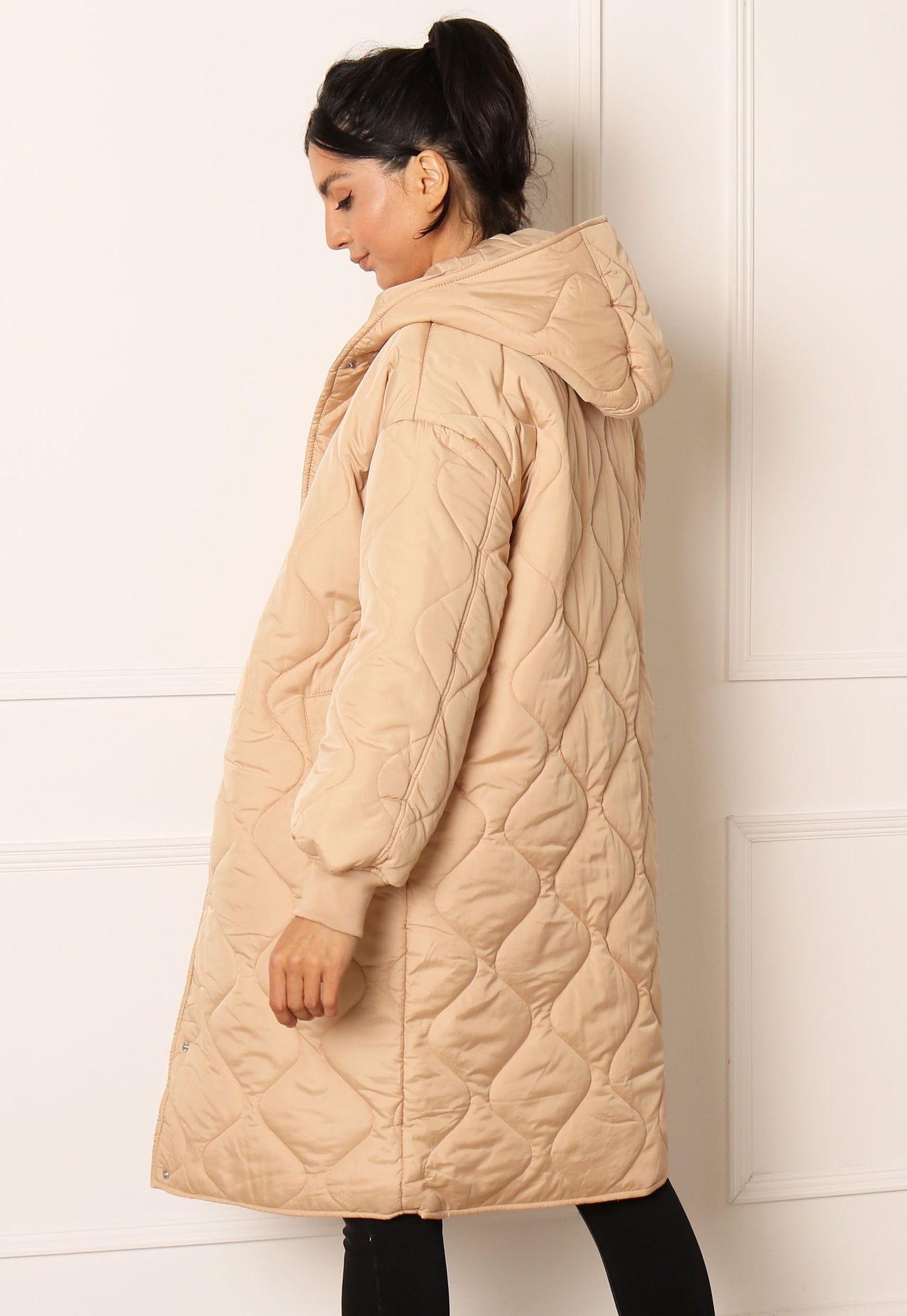 VILA Thora Onion Quilted Midi Coat with Hood in Beige - concretebartops