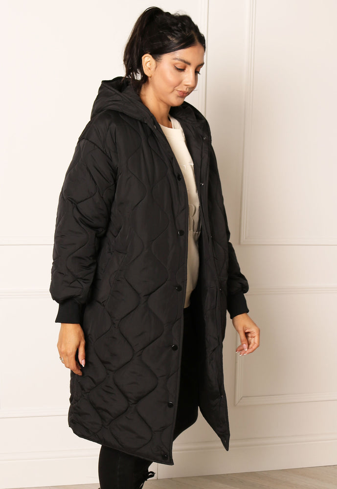 VILA Thora Onion Quilted Midi Coat with Hood in Black - concretebartops