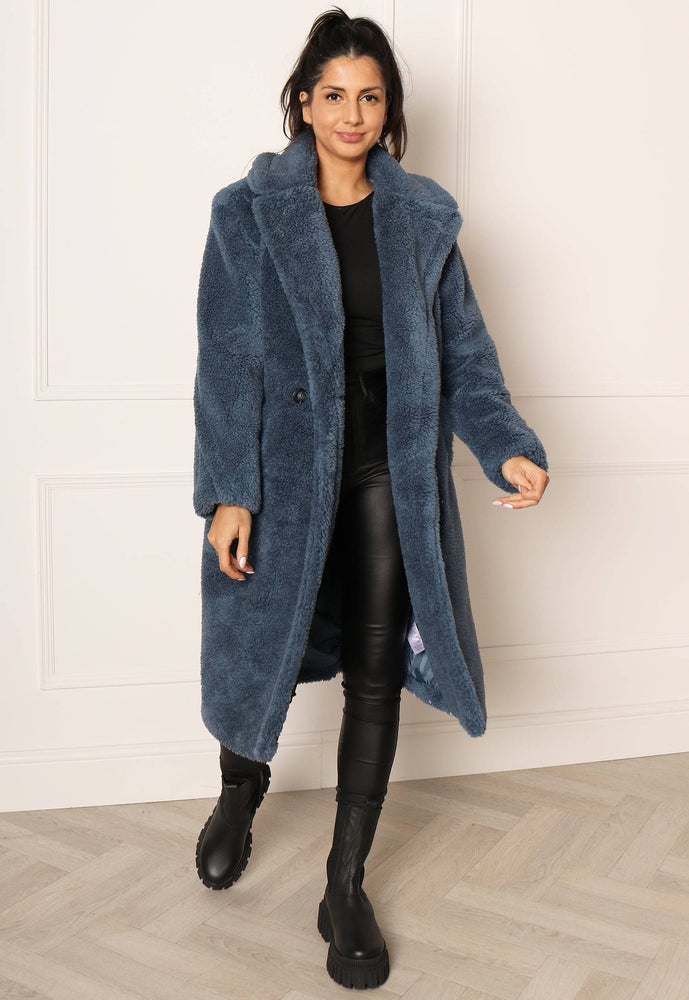 Oversized Borg Teddy Midi Coat in Dark Blue - concretebartops