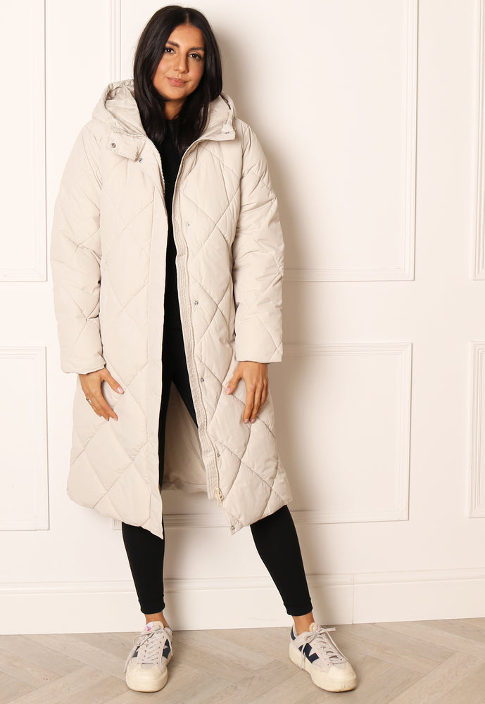 VERO MODA Laloa Diamond Quilted Midi Puffer Coat with Hood in Cream - concretebartops