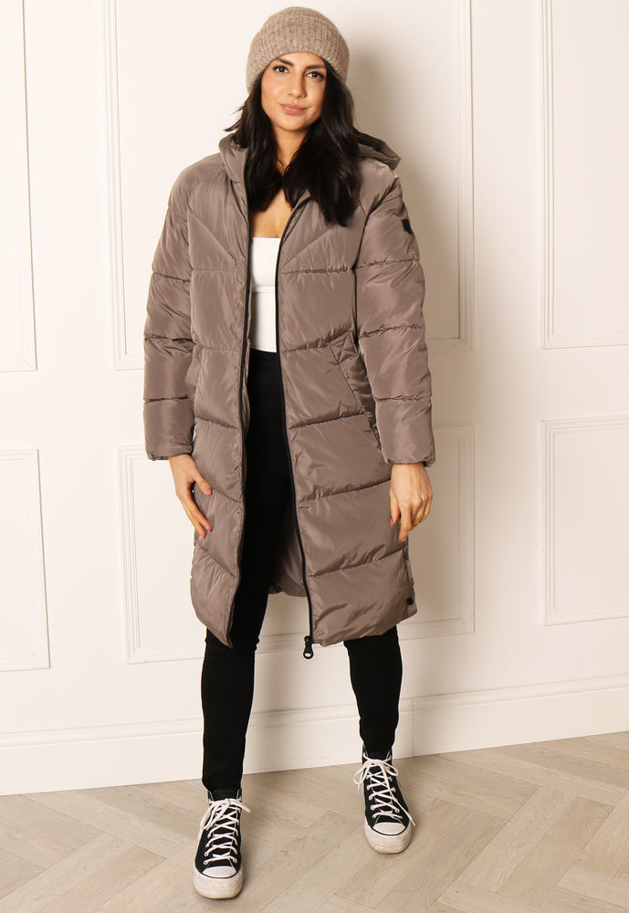 ONLY Amanda Hooded Padded Midi Puffer Coat with Side Poppers in Mushroom Beige - concretebartops