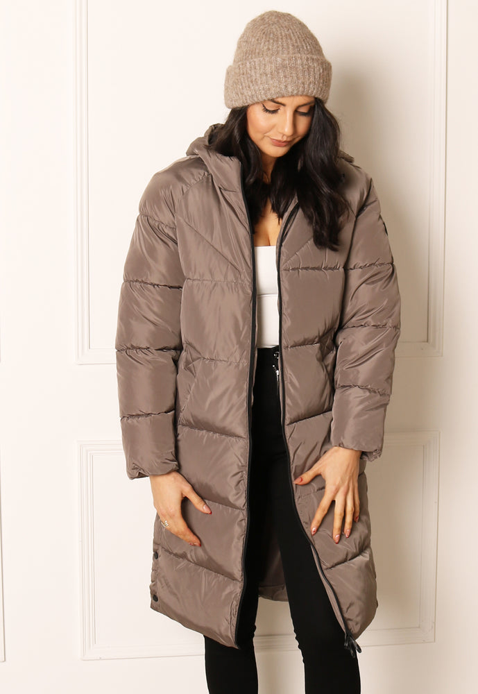 ONLY Amanda Hooded Padded Midi Puffer Coat with Side Poppers in Mushroom Beige - concretebartops