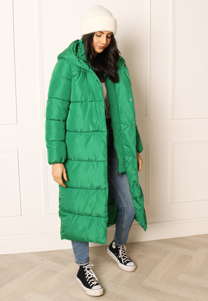 ONLY Amy Midi Longline Hooded Puffer Coat in Green - concretebartops