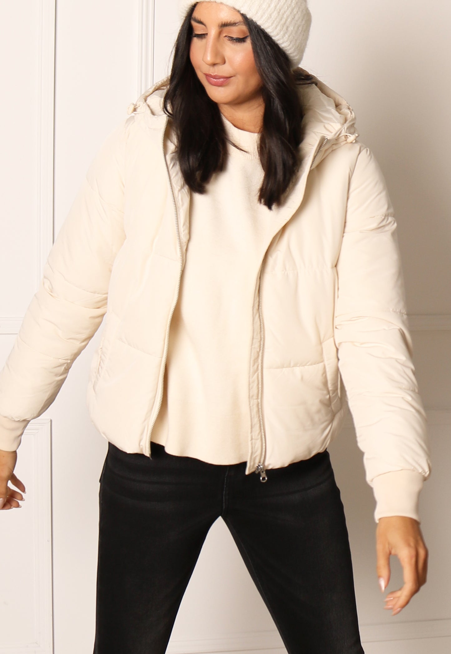 JDY Erica Hooded Boxy Short Padded Puffer Funnel Neck Jacket in Cream - concretebartops