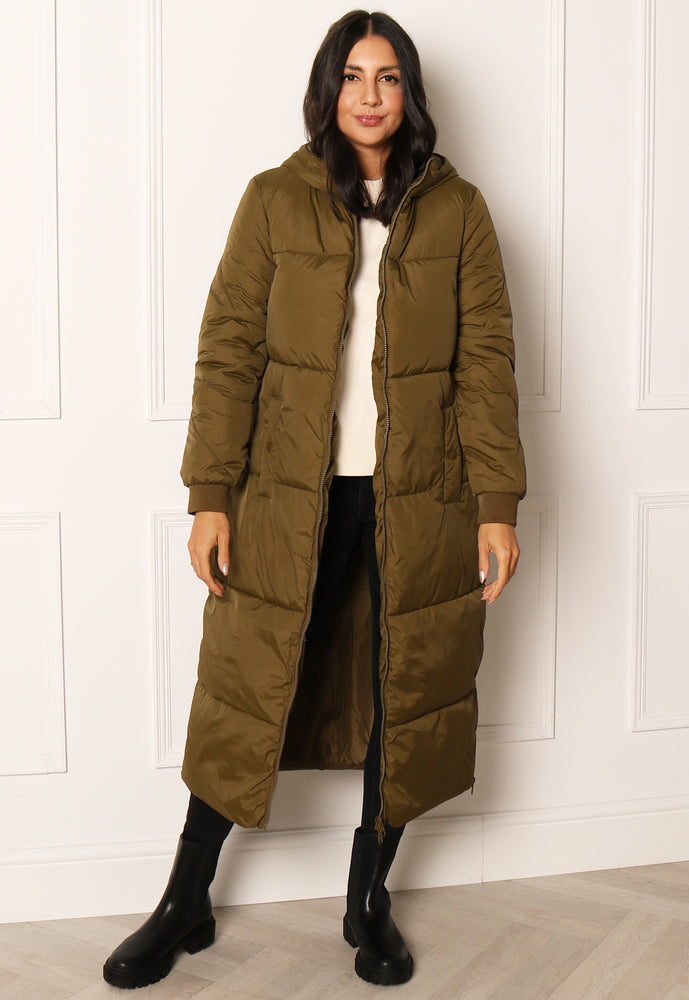 JDY Larvik Maxi Longline Hooded Quilted Puffer Coat in Khaki - concretebartops