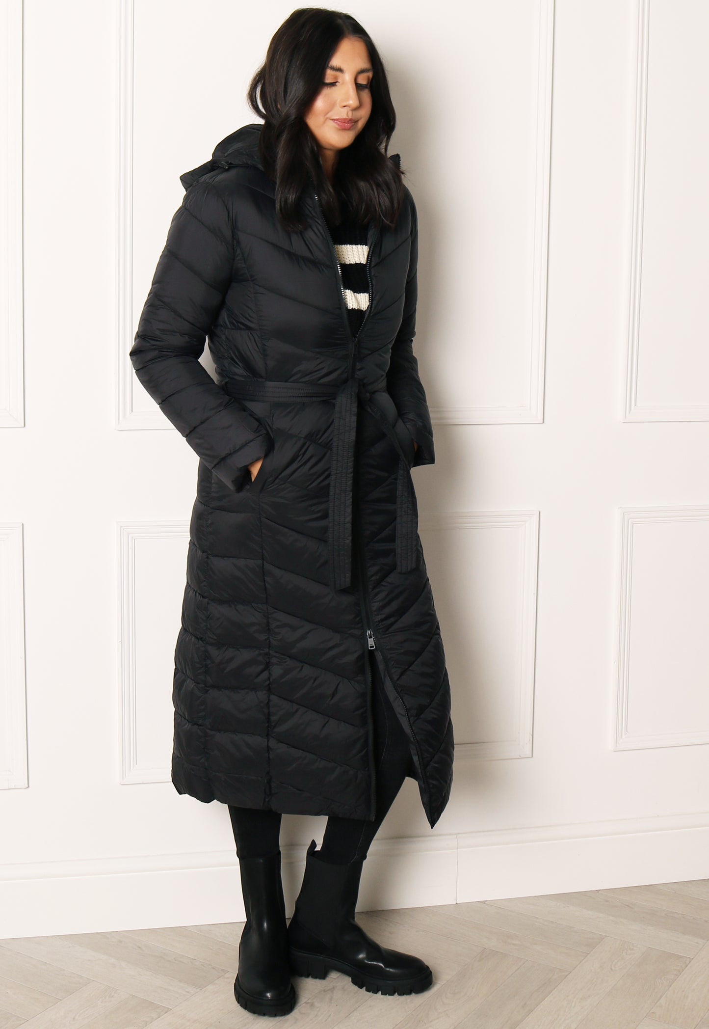ONLY Maggie Long Maxi Quilted Padded Puffer Coat with Belt in Black - concretebartops