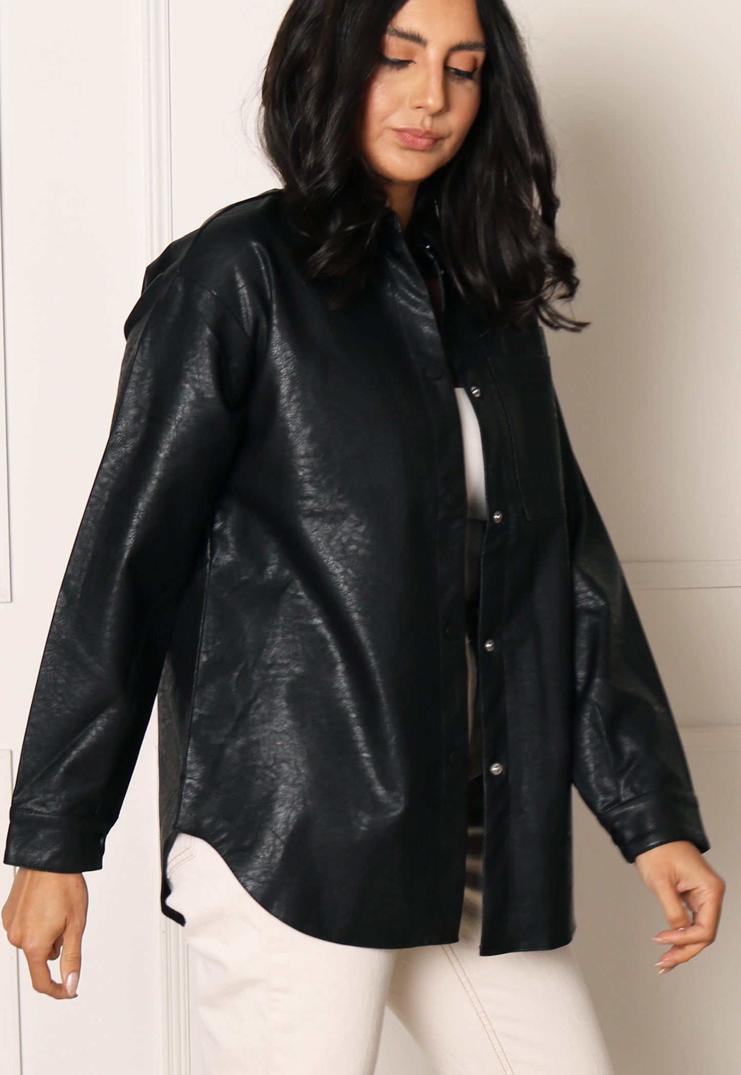 ONLY Mia Faux Leather Curve Hem Shacket in Black - concretebartops