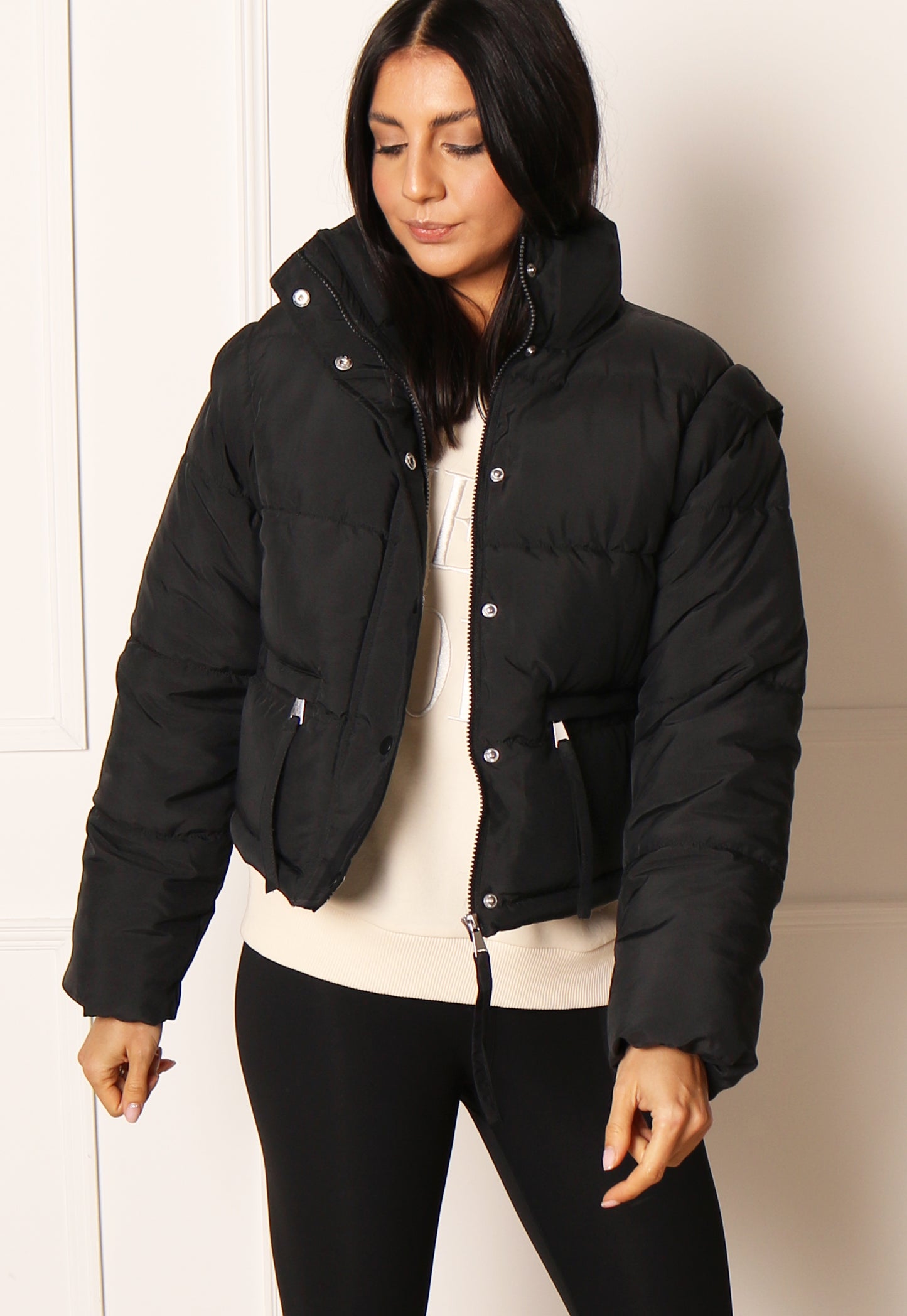JDY Milo 2 in 1 Cropped Puffer Jacket & Gilet with Funnel Neck in Black - vietnamzoom