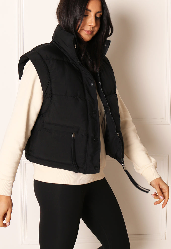 JDY Milo 2 in 1 Cropped Puffer Jacket & Gilet with Funnel Neck in Black - concretebartops