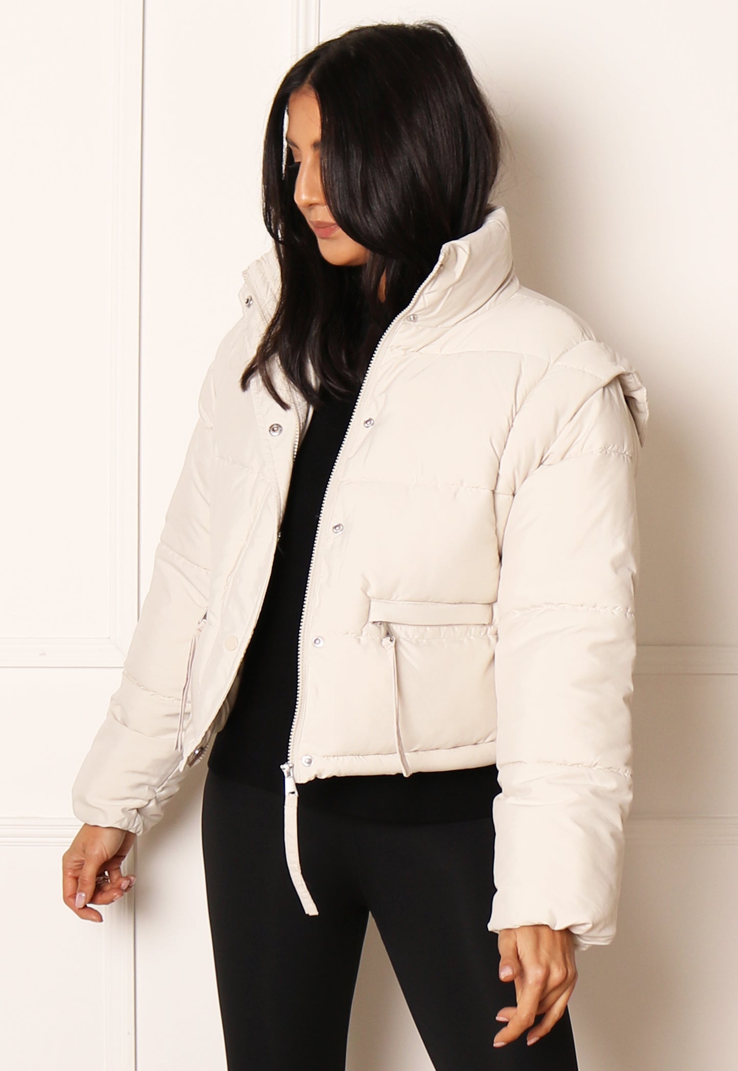 JDY Milo 2 in 1 Cropped Puffer Jacket & Gilet with Funnel Neck in Cream - concretebartops
