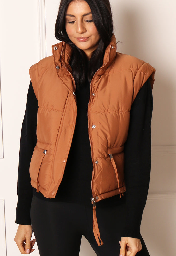 JDY Milo 2 in 1 Cropped Puffer Jacket & Gilet with Funnel Neck in Tan - concretebartops