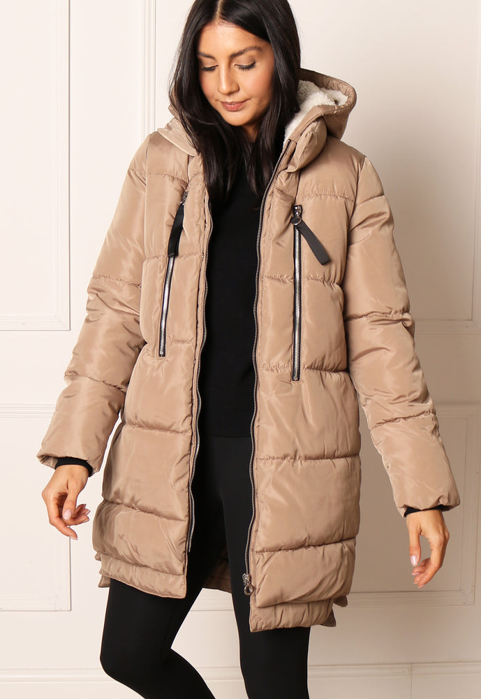 ONLY New Nora Luxe Quilted Longline Hooded Puffer Coat in Beige - concretebartops