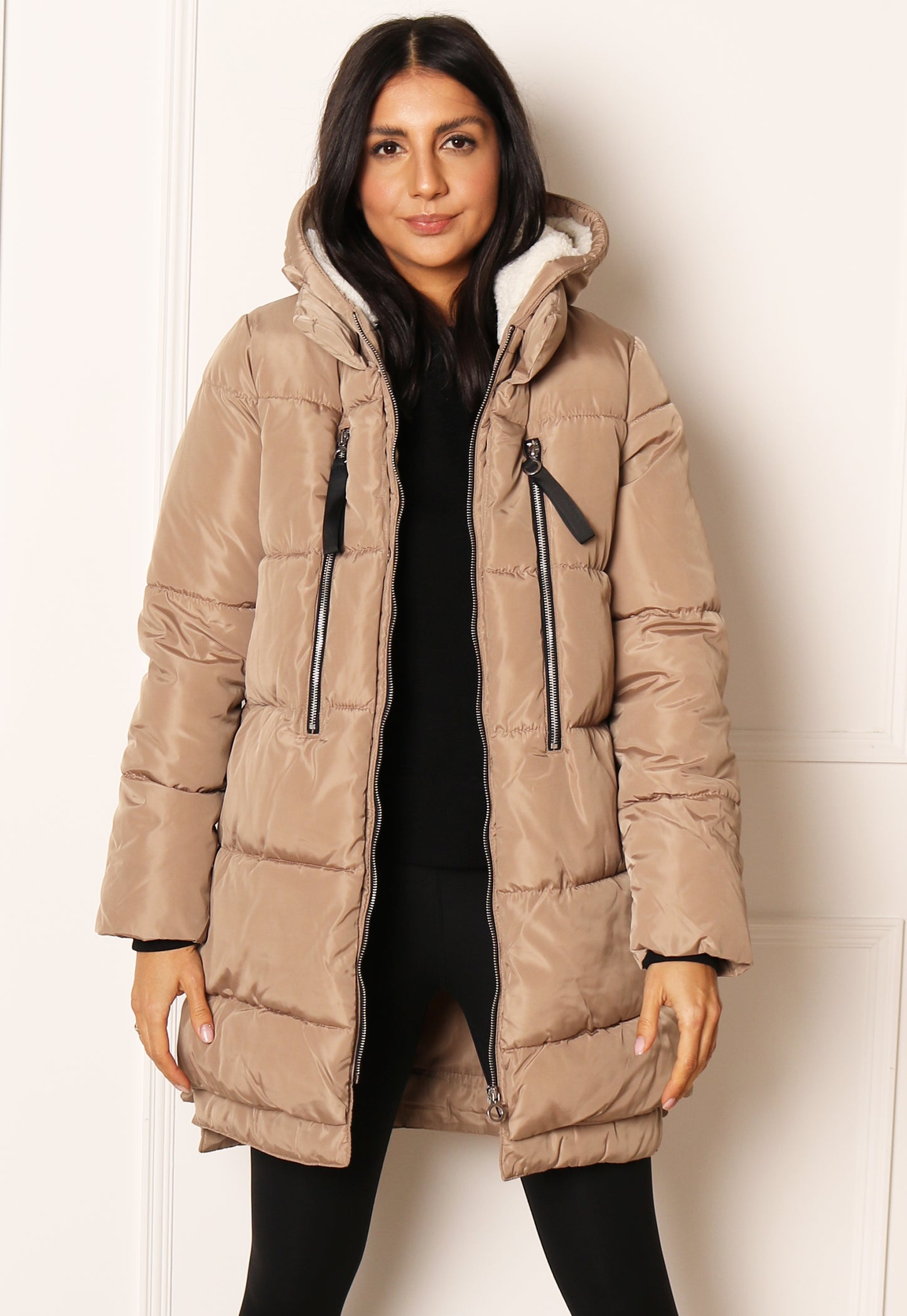 ONLY New Nora Luxe Quilted Longline Hooded Puffer Coat in Beige - concretebartops