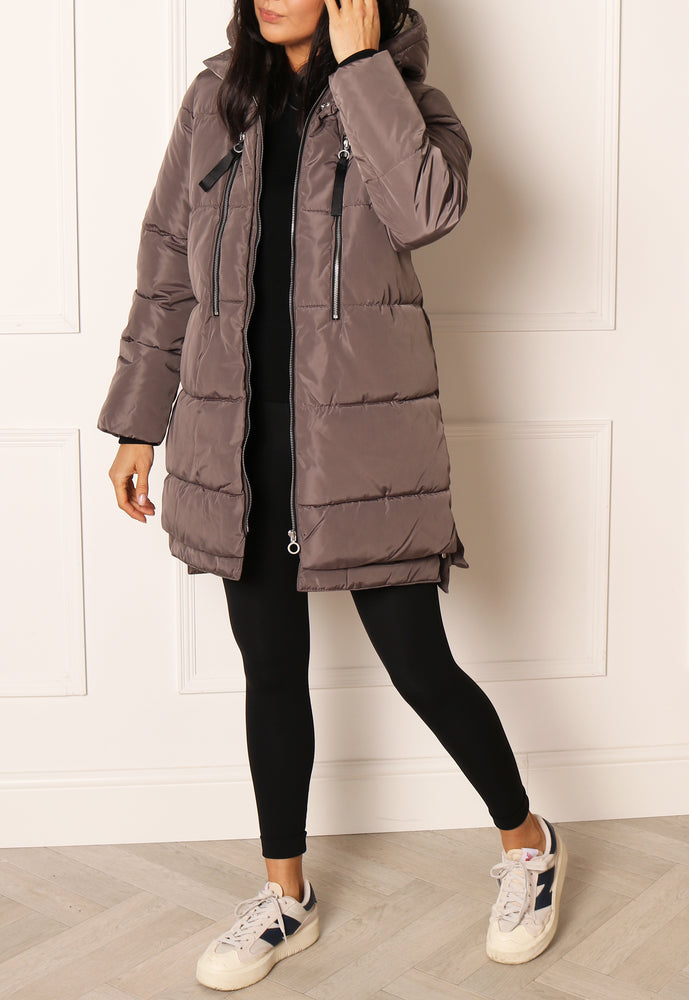 ONLY New Nora Luxe Quilted Longline Hooded Puffer Coat in Mushroom - vietnamzoom