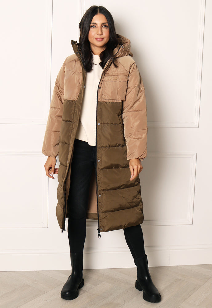 ONLY Becca Longline Midi Puffer Coat with Hood in Colour Block Khaki & Beige - concretebartops