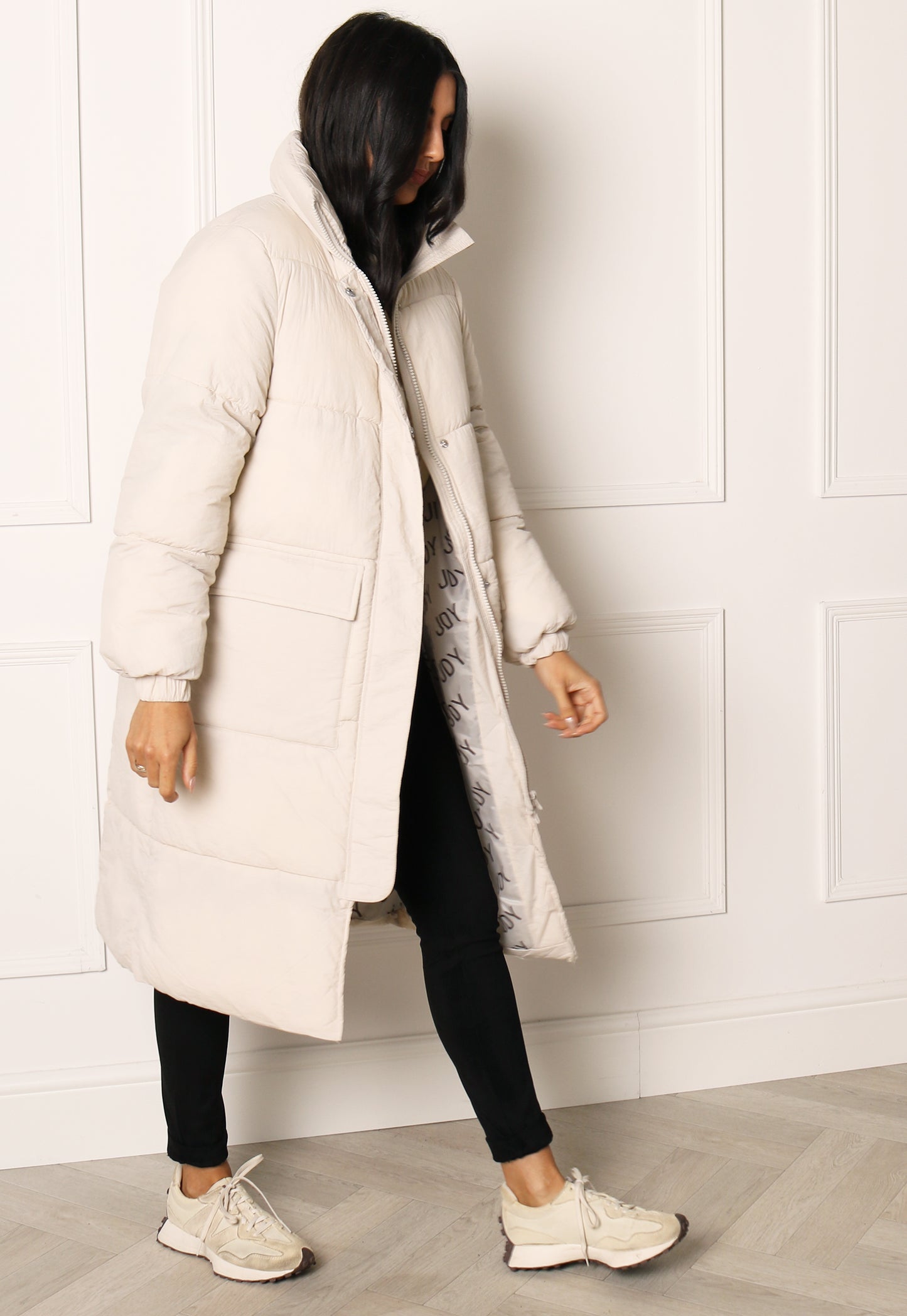 JDY Lenora Oversized Longline Puffer Coat with Pockets in Cream - concretebartops