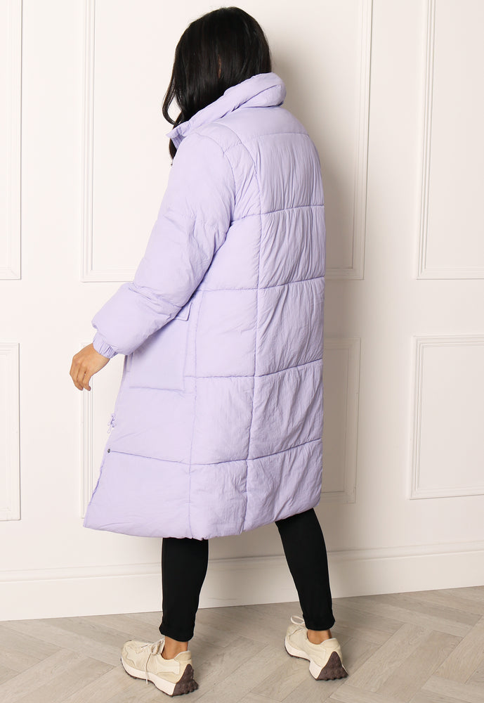 JDY Lenora Oversized Longline Puffer Coat with Pockets in Lilac - concretebartops