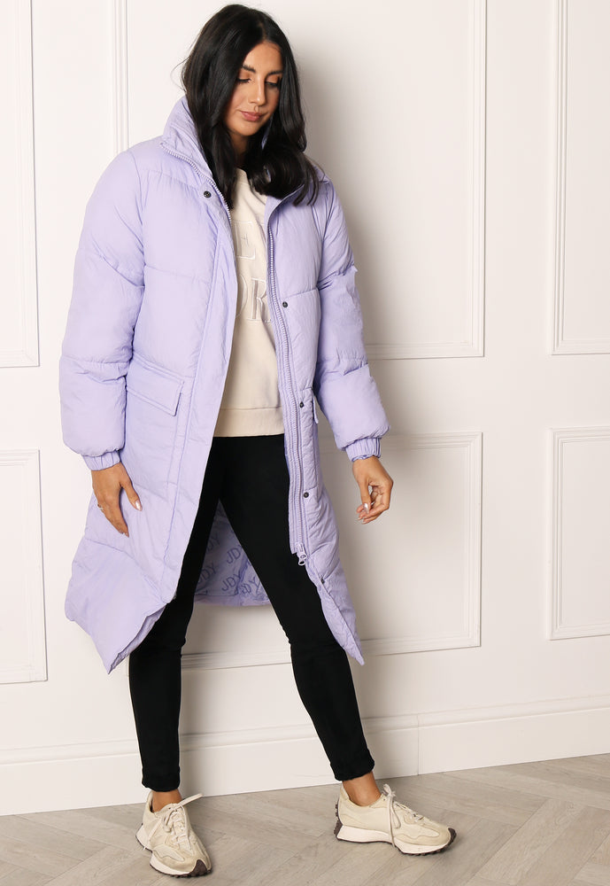 JDY Lenora Oversized Longline Puffer Coat with Pockets in Lilac - concretebartops
