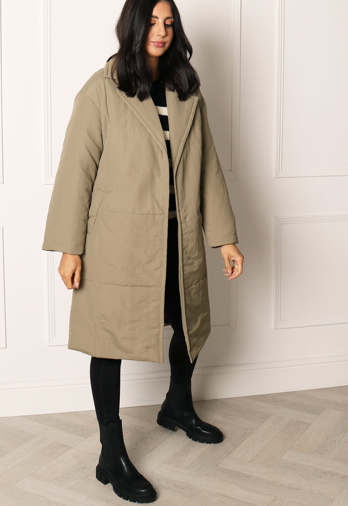 ONLY Selena Midi Longline Belted Padded Puffer Wrap Coat in Soft Khaki - concretebartops