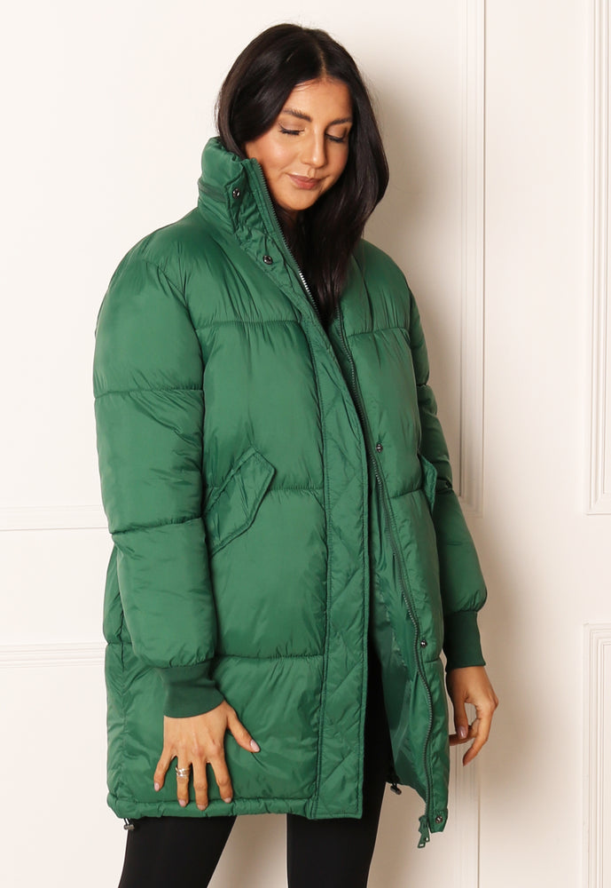 ONLY Petra Oversized Longline Puffer Coat with Foldaway Hood in Green - concretebartops
