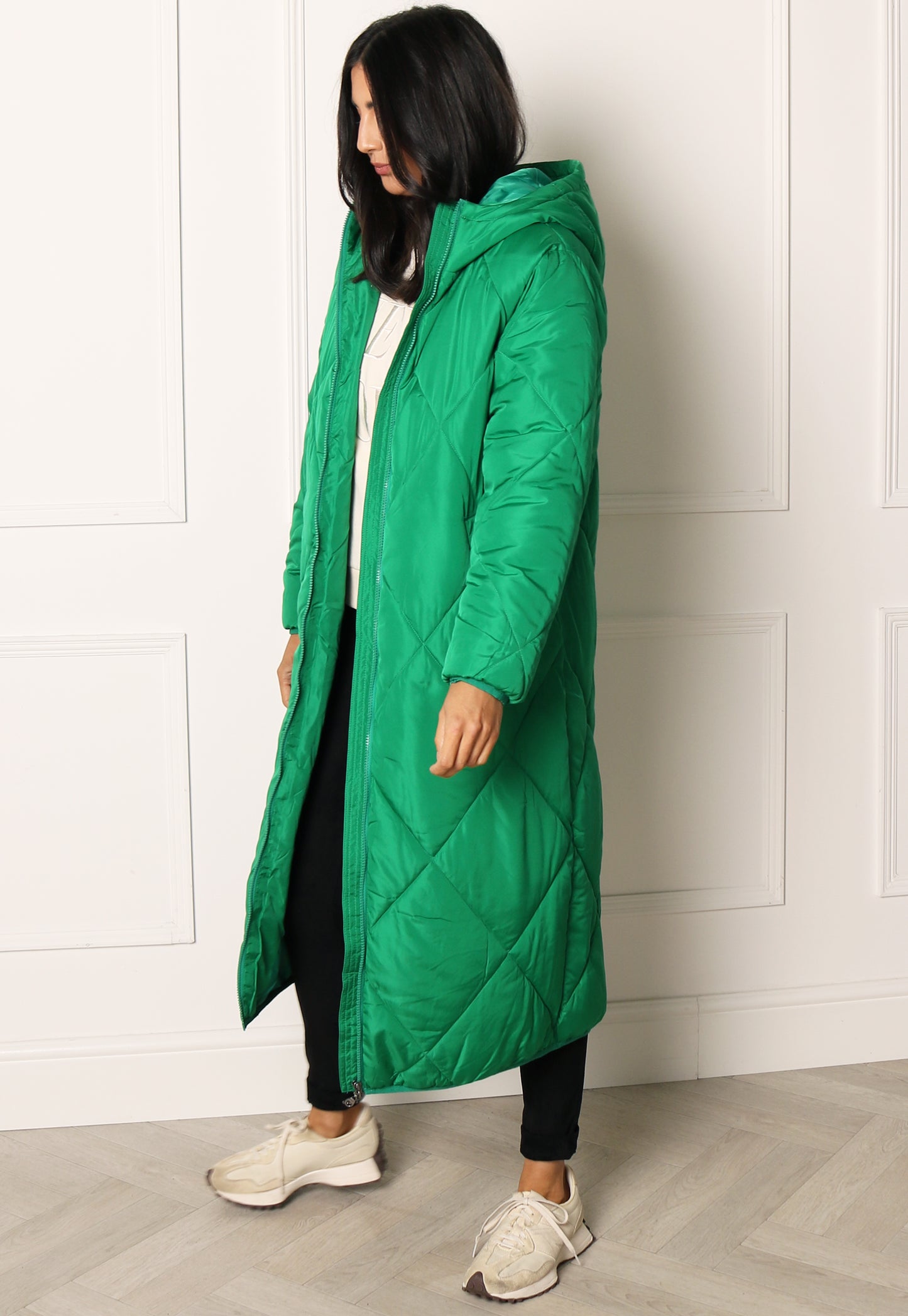 ONLY Tamara Maxi Diamond Quilted Longline Puffer Coat with Funnel Neck in Green - concretebartops