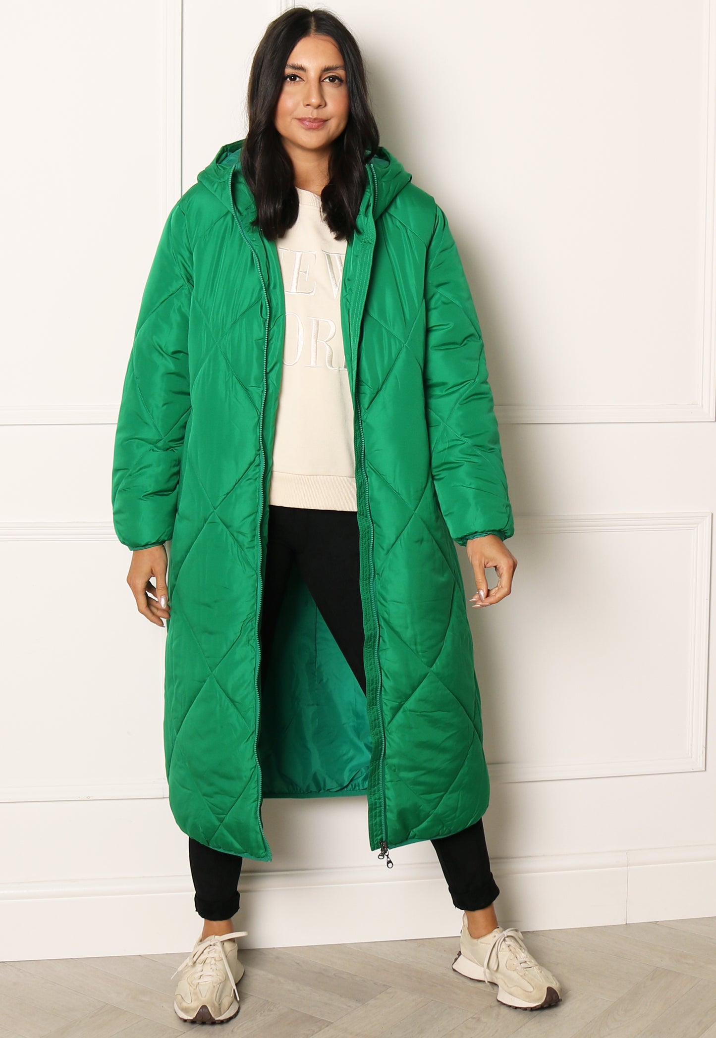 ONLY Tamara Maxi Diamond Quilted Longline Puffer Coat with Funnel Neck in Green - concretebartops