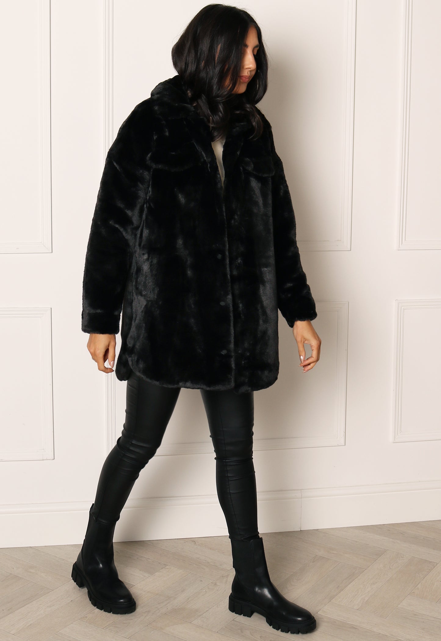 ONLY Vida Oversized Faux Fur Trucker Long Shacket Coat in Black - concretebartops