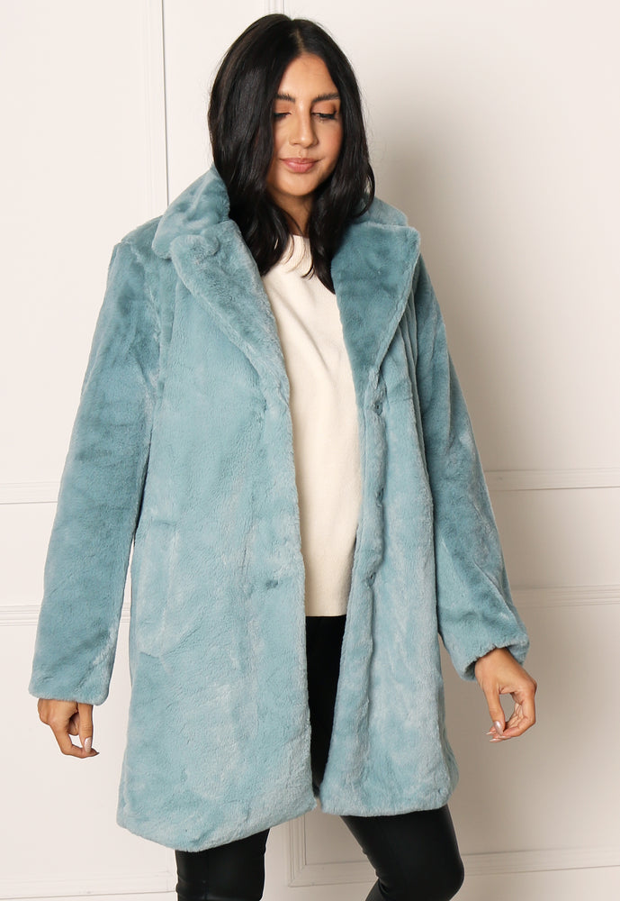 VILA Ebba Vintage Style Faux Fur Midi Coat with Collar in Duck Egg Blue - vietnamzoom