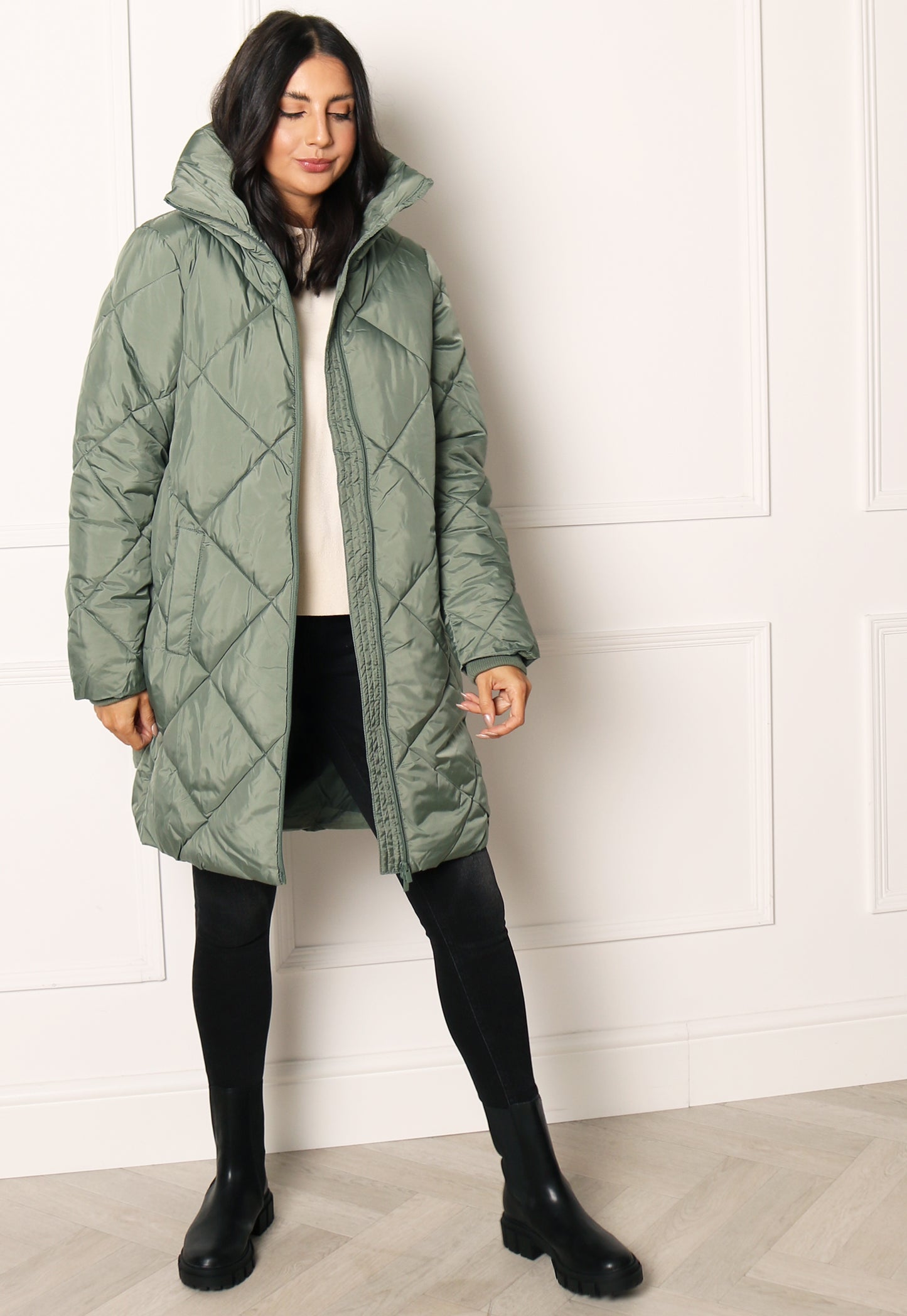 VILA Adaya Diamond Quilted Longline Puffer Coat with Funnel Neck in Soft Green - concretebartops