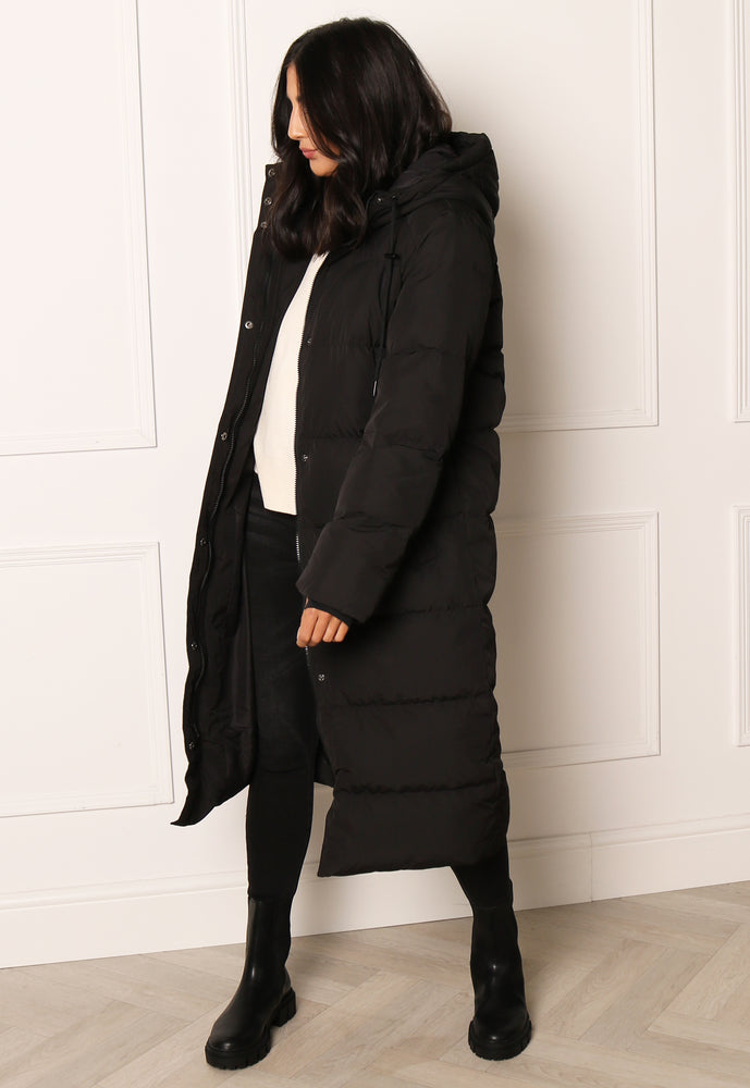 VILA Premium Northie Maxi Longline Down Puffer Coat with Hood in Black - concretebartops