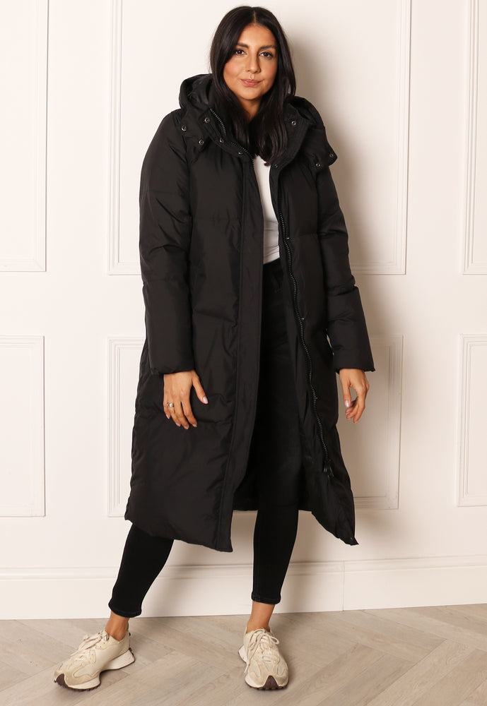 ONLY Alicia Midi Longline Down Padded Puffer Coat with Hood in Black - concretebartops