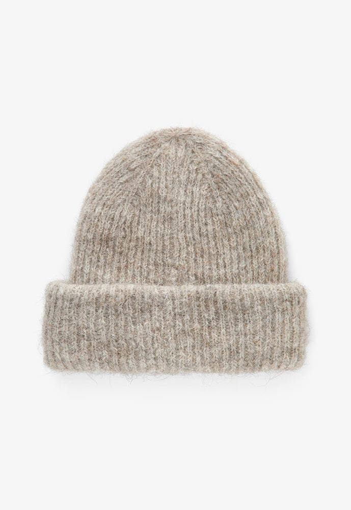 PIECES Fluffy Knit Ribbed Turn Up Beanie Hat in Beige - concretebartops
