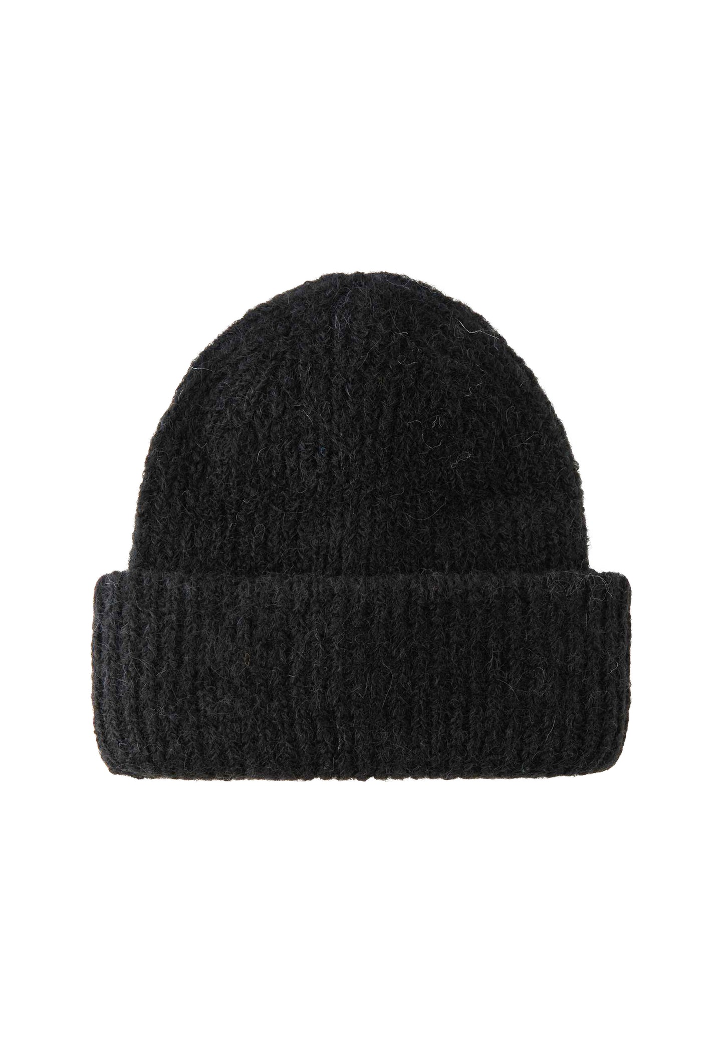 PIECES Fluffy Knit Ribbed Turn Up Beanie Hat in Black - concretebartops