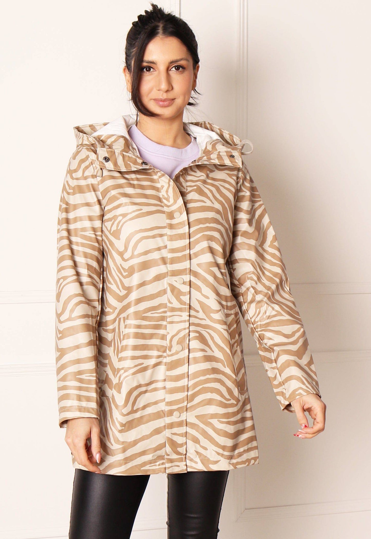 ONLY Ellen Zebra Print Rubberised Matte Raincoat Mac in Beige - concretebartops